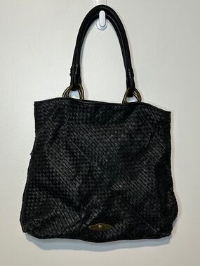 Elliott Lucca Black Woven Leather Large Shoulder Bag